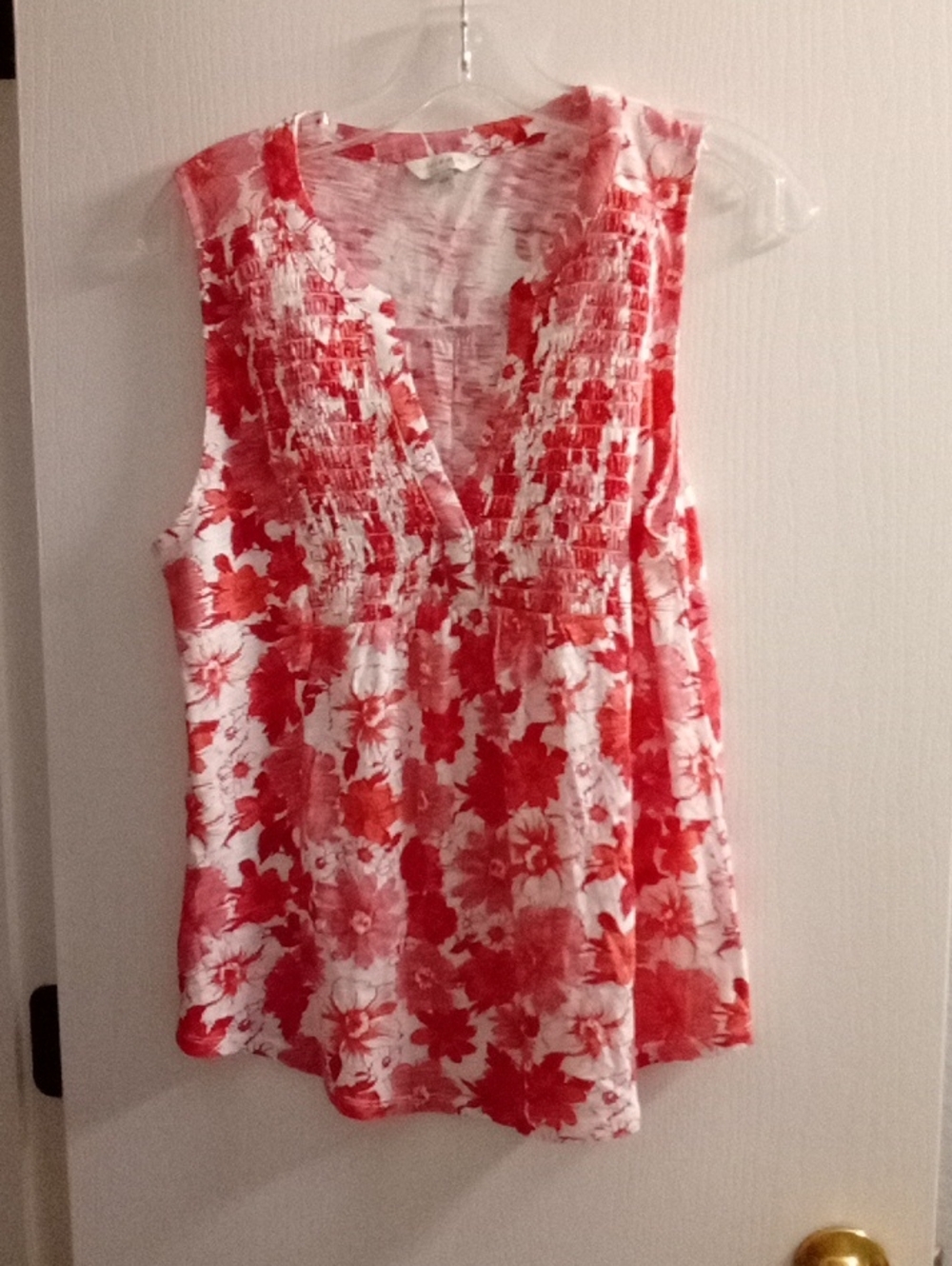 Lucky Brand Red and White Floral Smocked V-Neck Camisole